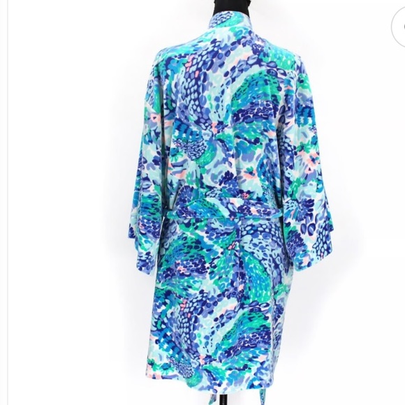 Lilly Pulitzer Elaine Velour Ocean Commotion Blue Belted Bathrobe S/ Medium - Picture 2 of 4